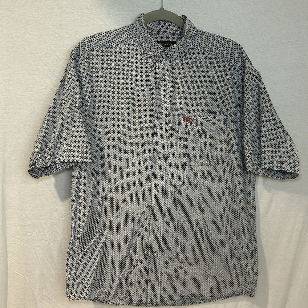 Ariat‎ Men’s Short Sleeve Geometric Patterned Button Down Shirt Blue Yellow Med
